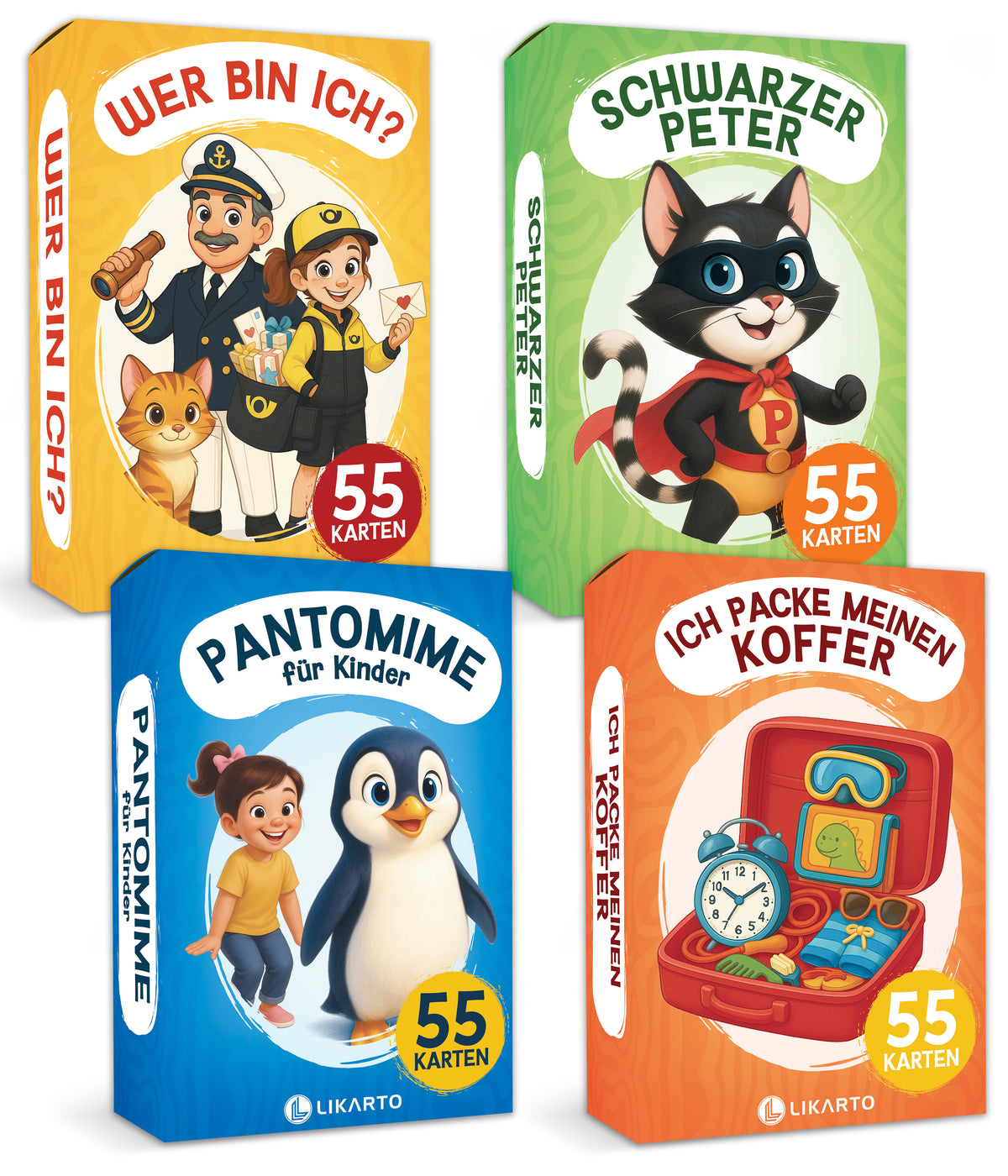 4er Kartenspiel Kinder ab 4 Jahre - Pantomime Kartenspiel, Wer bin ich? Schwarzer Peter & Ich packe meinen Koffer