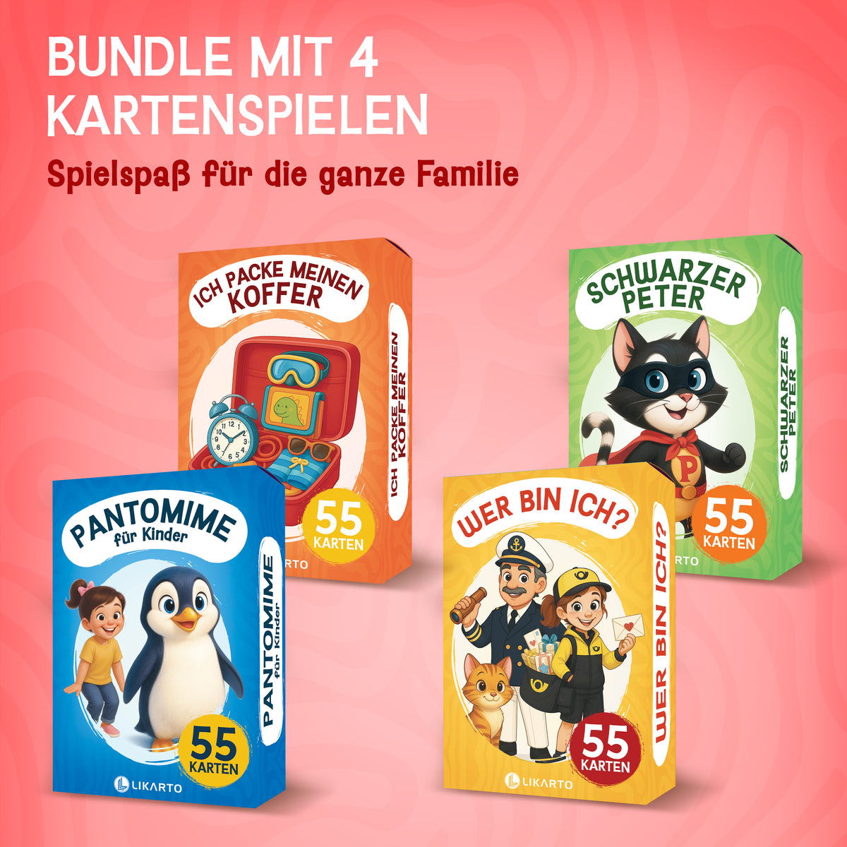 4er Kartenspiel Kinder ab 4 Jahre - Pantomime Kartenspiel, Wer bin ich? Schwarzer Peter & Ich packe meinen Koffer