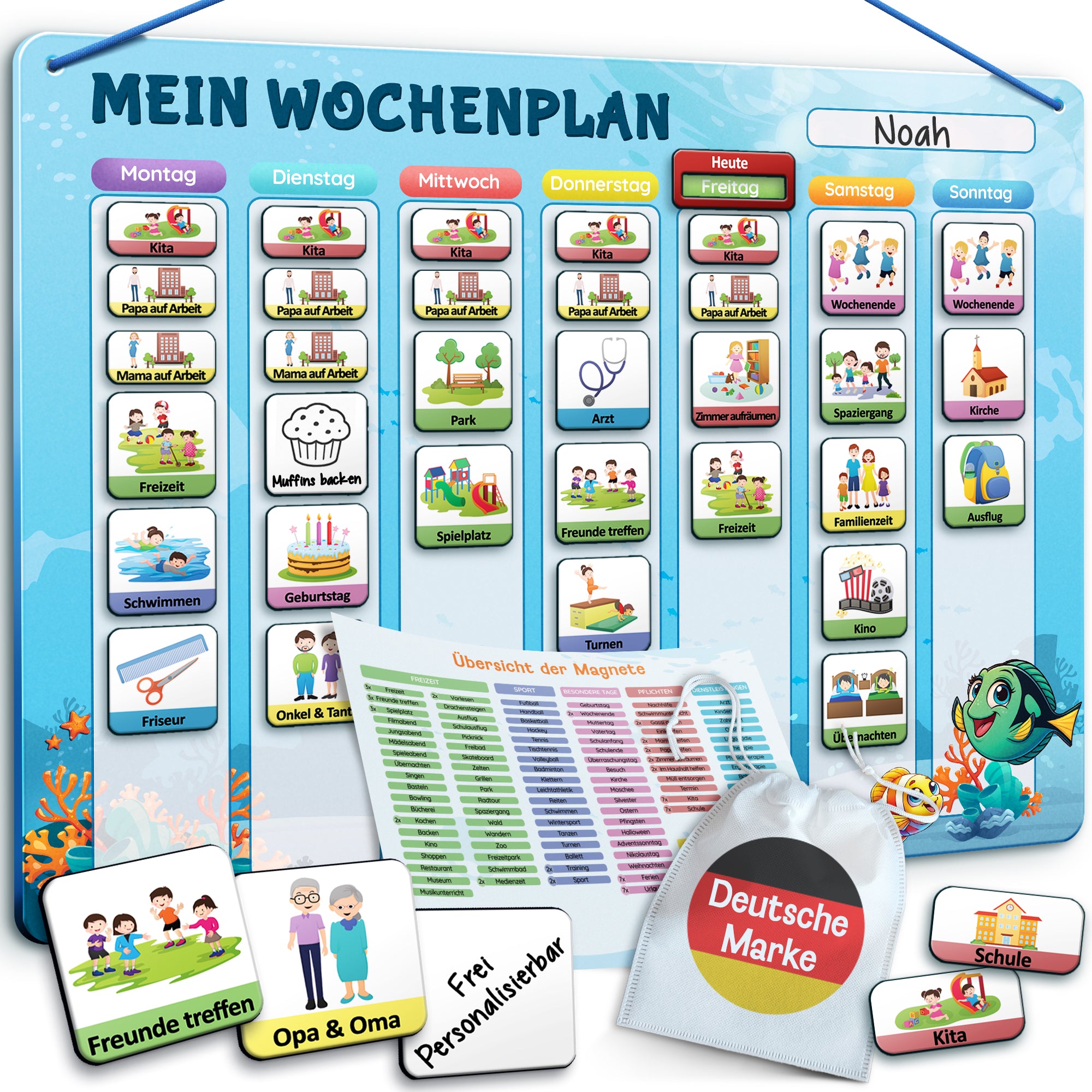 LIKARTO® Wochenplaner Kinder - Montessori Aufgabenplaner & Magnettafel blau