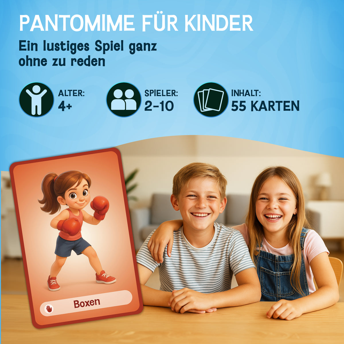 4er Kartenspiel Kinder ab 4 Jahre - Pantomime Kartenspiel, Wer bin ich? Schwarzer Peter & Ich packe meinen Koffer