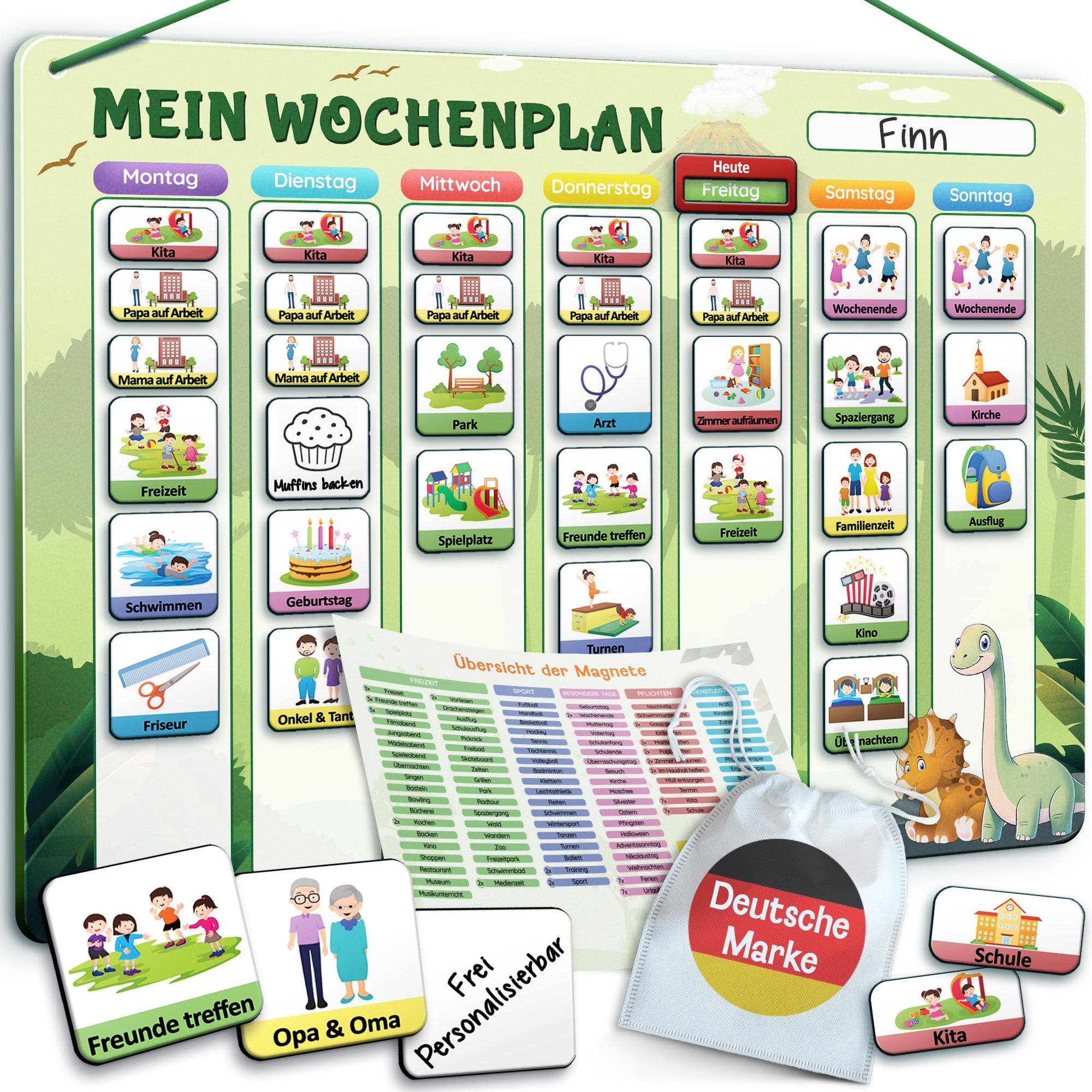 LIKARTO® Wochenplaner Kinder - Montessori Aufgabenplaner & Magnettafel grün
