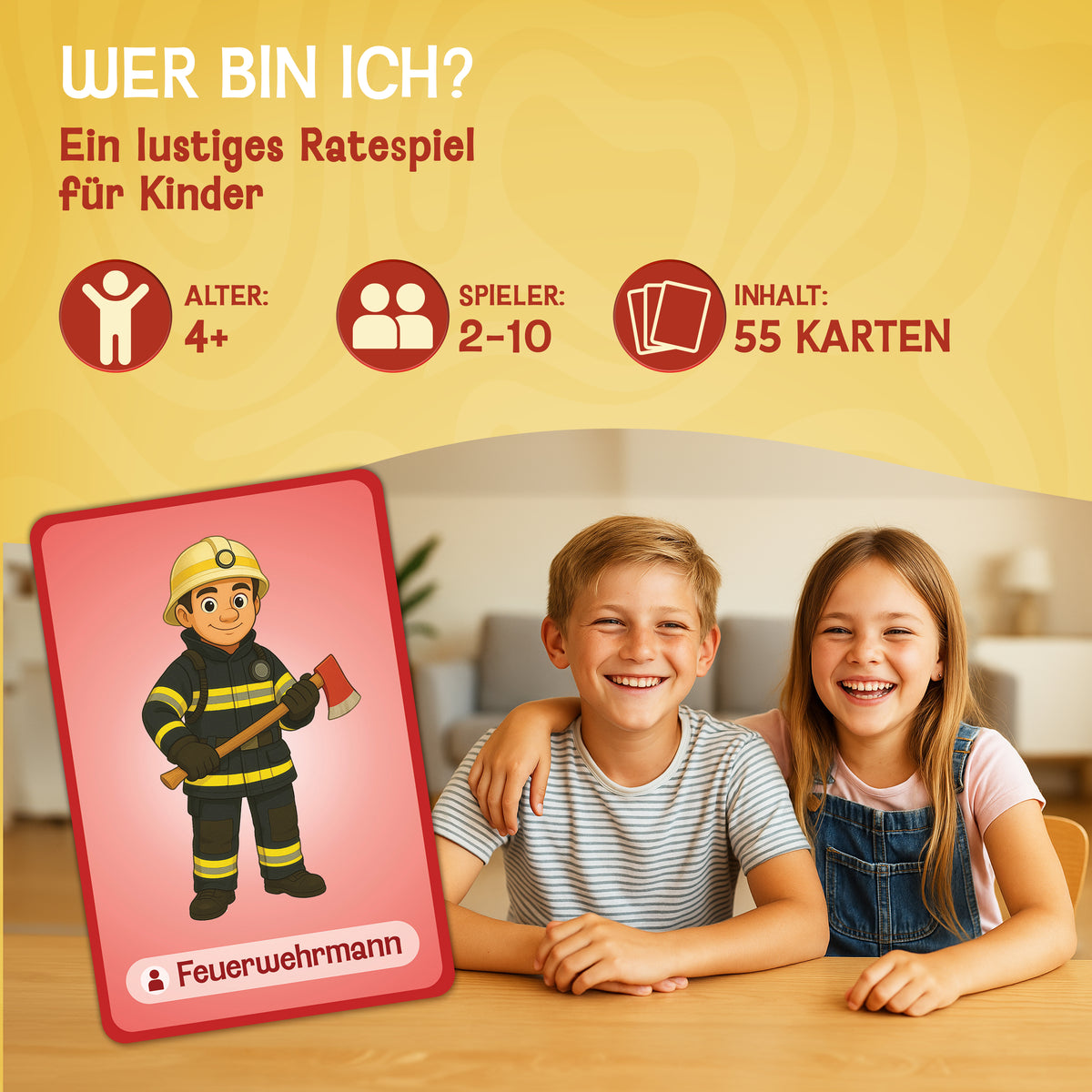4er Kartenspiel Kinder ab 4 Jahre - Pantomime Kartenspiel, Wer bin ich? Schwarzer Peter & Ich packe meinen Koffer