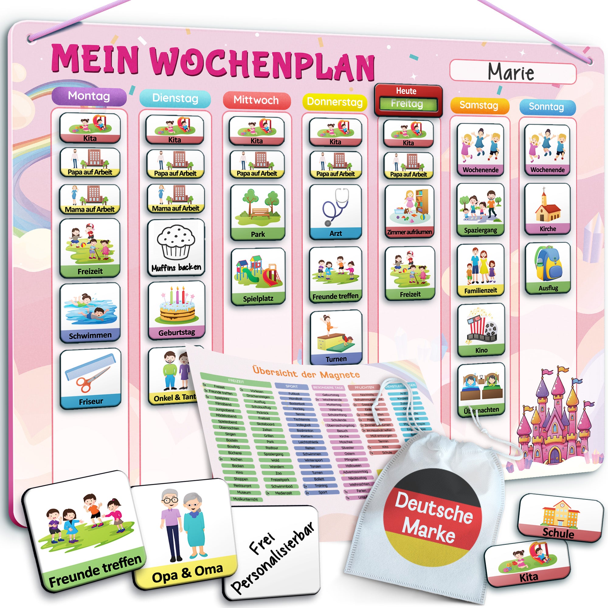 LIKARTO® Wochenplaner Kinder - Montessori Aufgabenplaner & Magnettafel pink