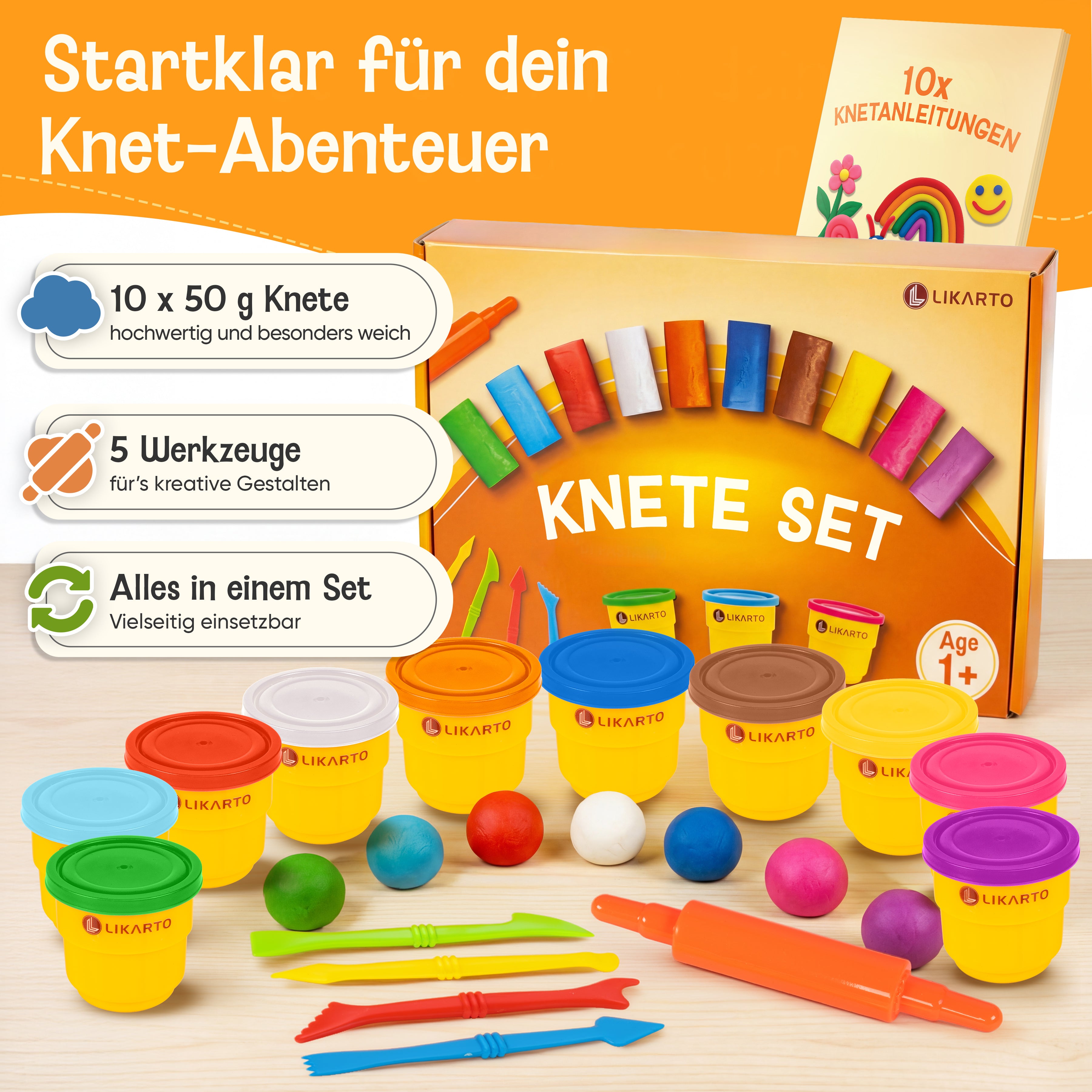 LIKARTO® Veganes Knete Set für Kinder ab 1 Jahr, 10 Farben, 5 Werkzeuge
