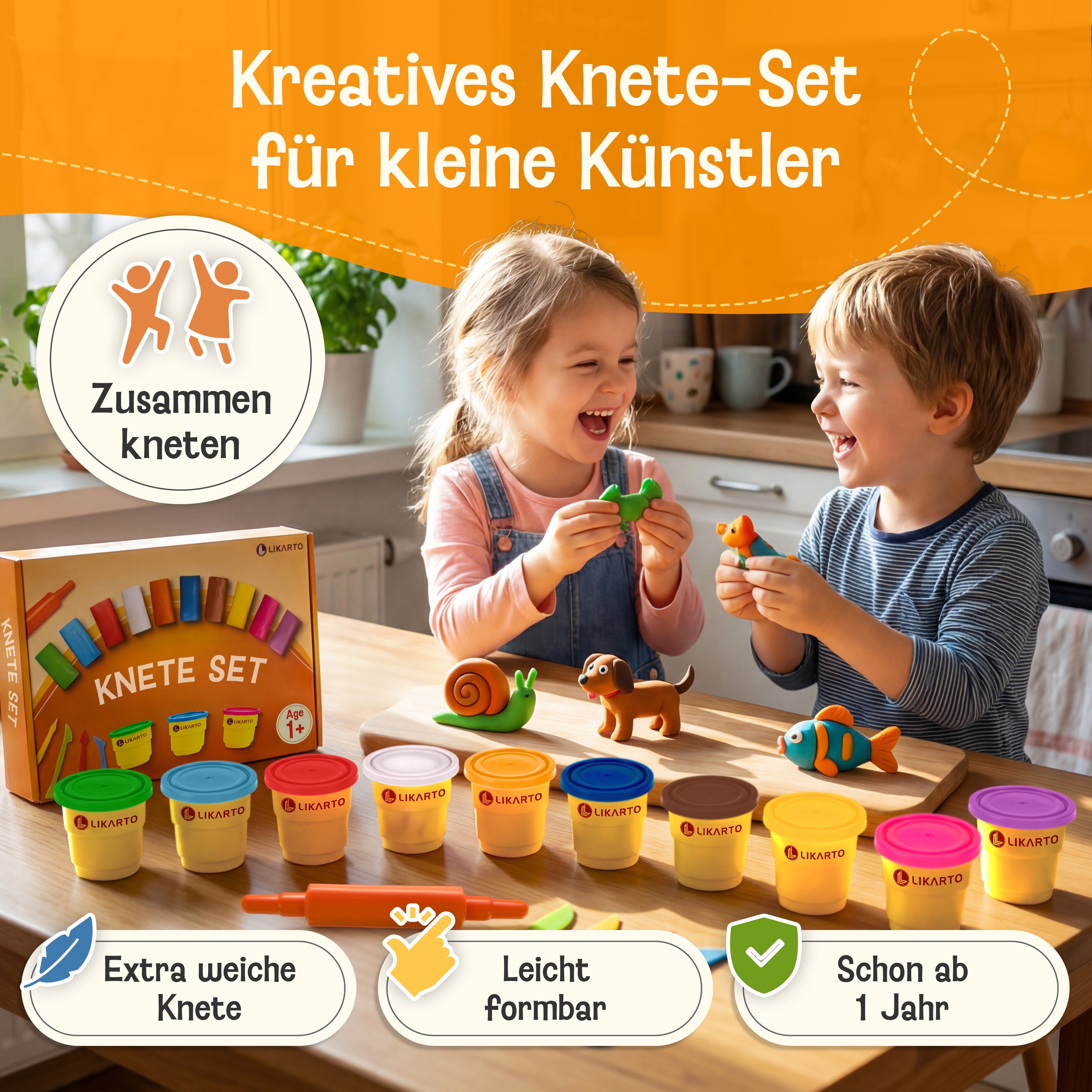 LIKARTO® Veganes Knete Set für Kinder ab 1 Jahr, 10 Farben, 5 Werkzeuge