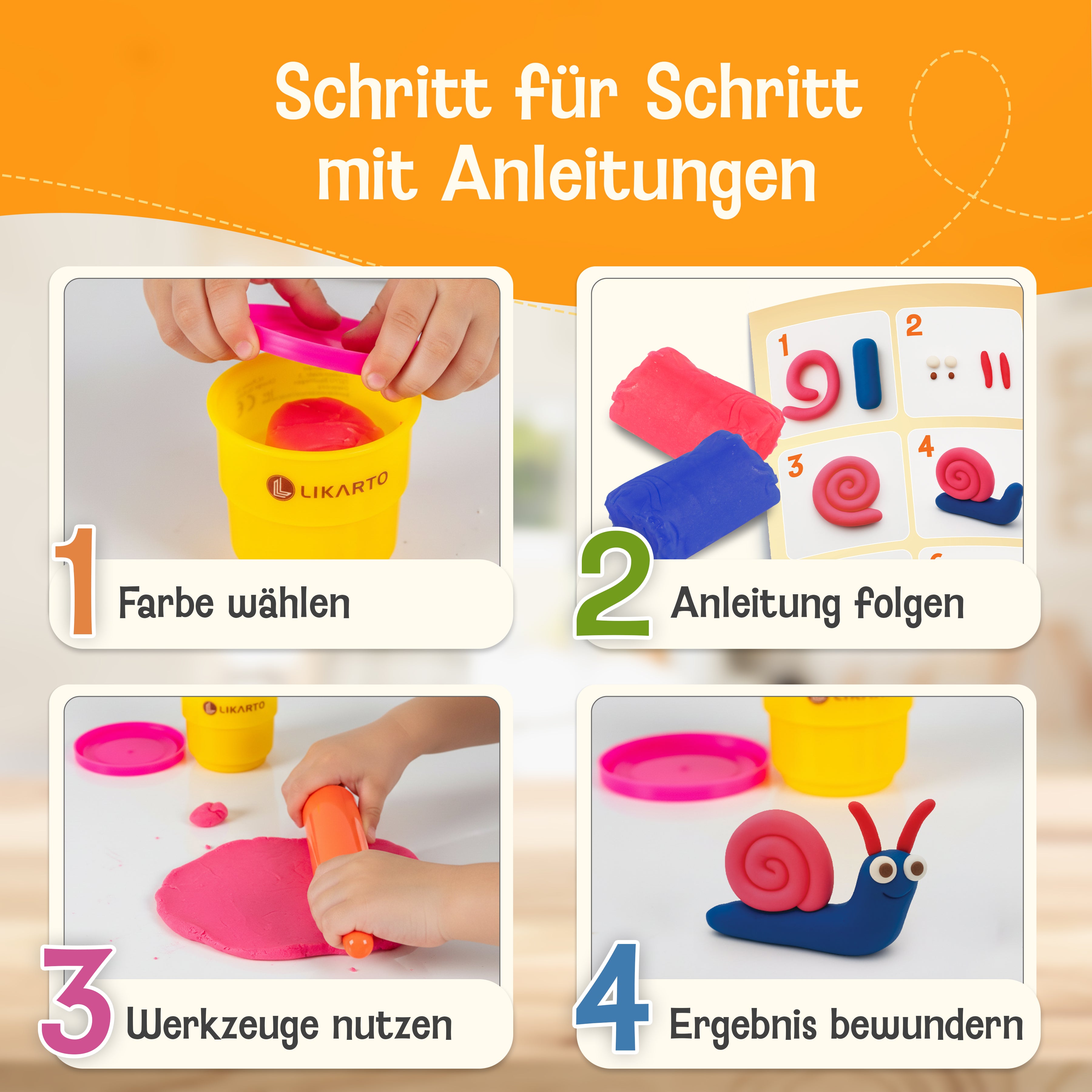 LIKARTO® Veganes Knete Set für Kinder ab 1 Jahr, 10 Farben, 5 Werkzeuge