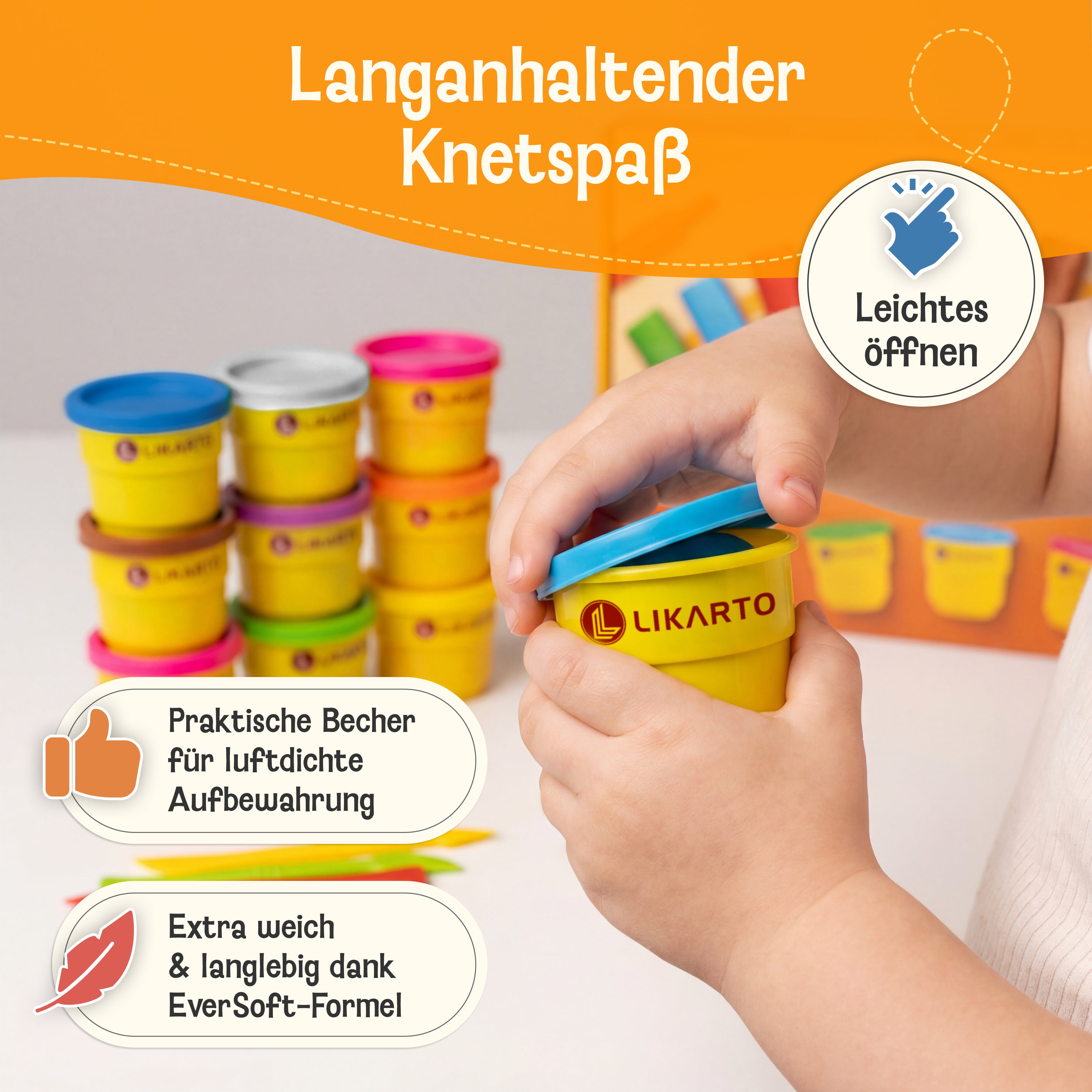 LIKARTO® Veganes Knete Set für Kinder ab 1 Jahr, 10 Farben, 5 Werkzeuge