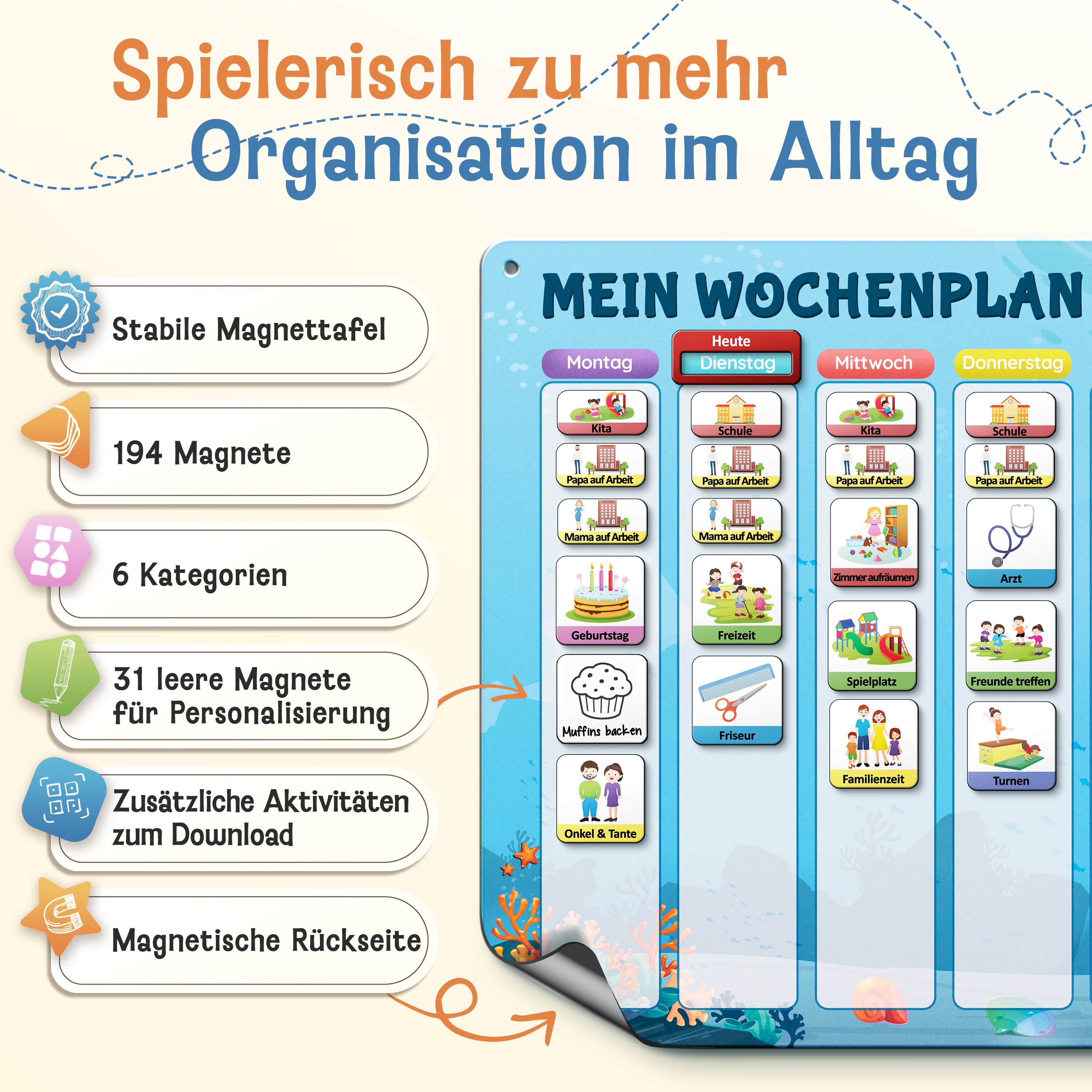 LIKARTO® Wochenplaner Kinder - Montessori Aufgabenplaner & Magnettafel blau