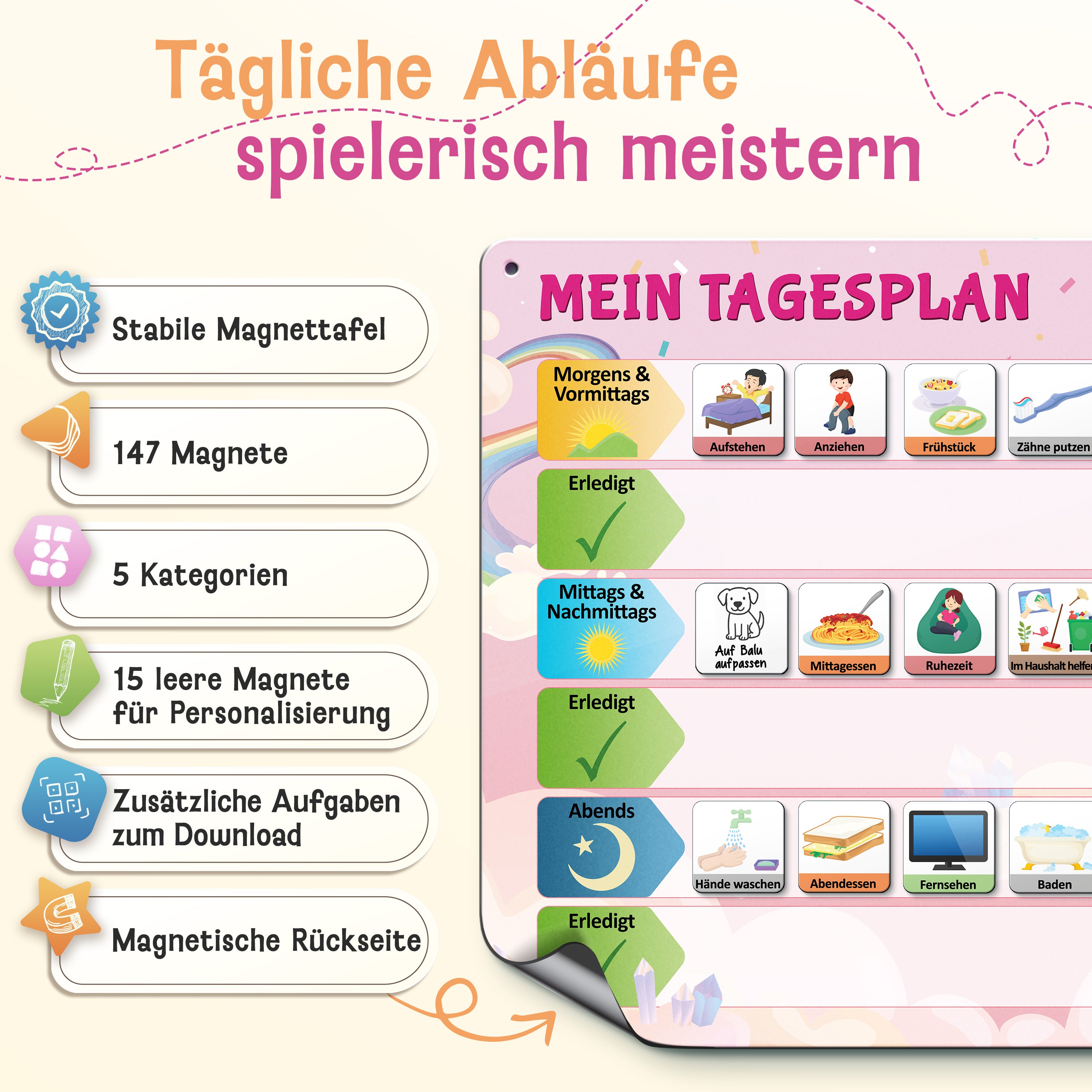 LIKARTO® Tagesplaner - Montessori Aufgabenplaner & Magnettafel pink