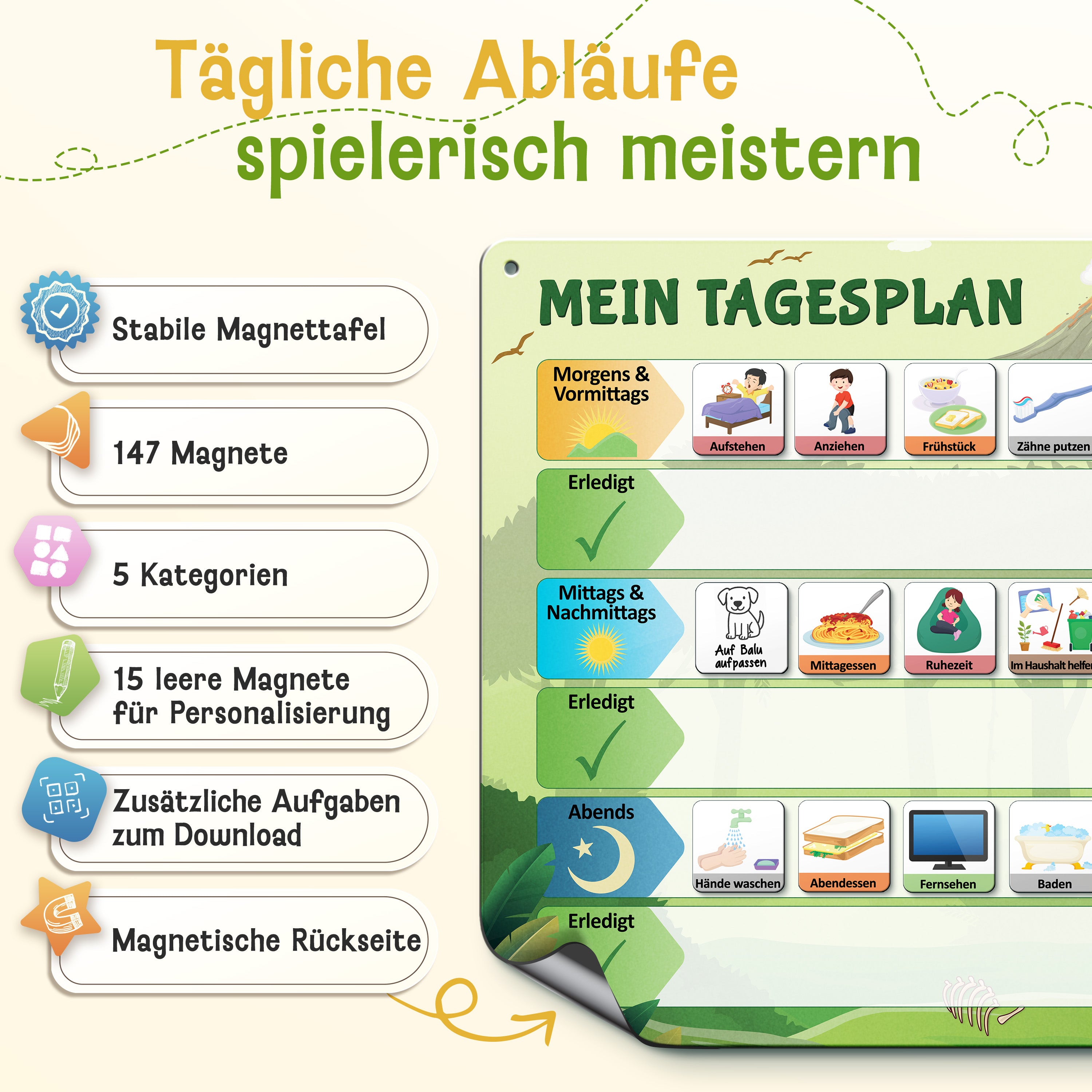 LIKARTO® Tagesplaner - Montessori Aufgabenplaner & Magnettafel hellgrün