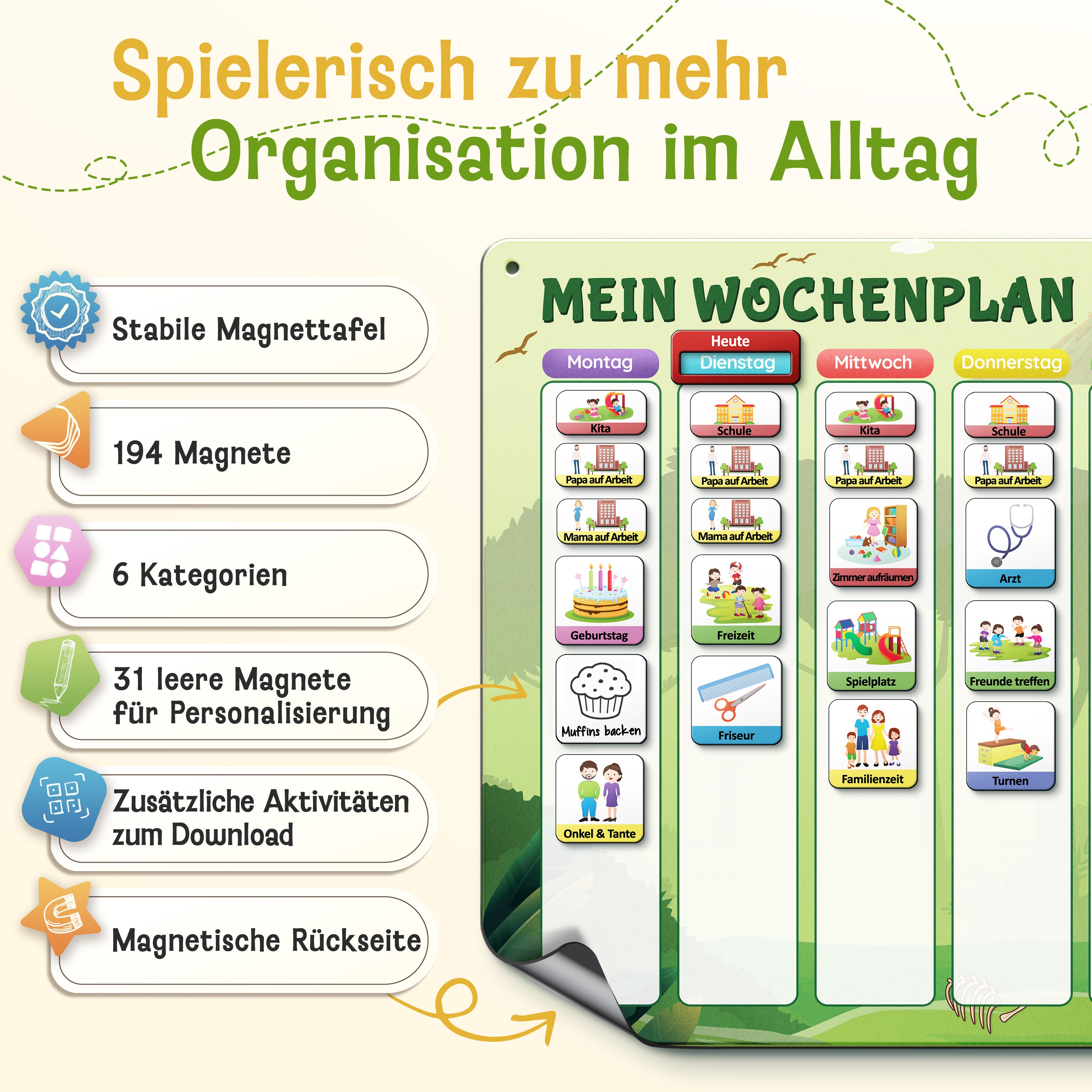 LIKARTO® Wochenplaner Kinder - Montessori Aufgabenplaner & Magnettafel grün