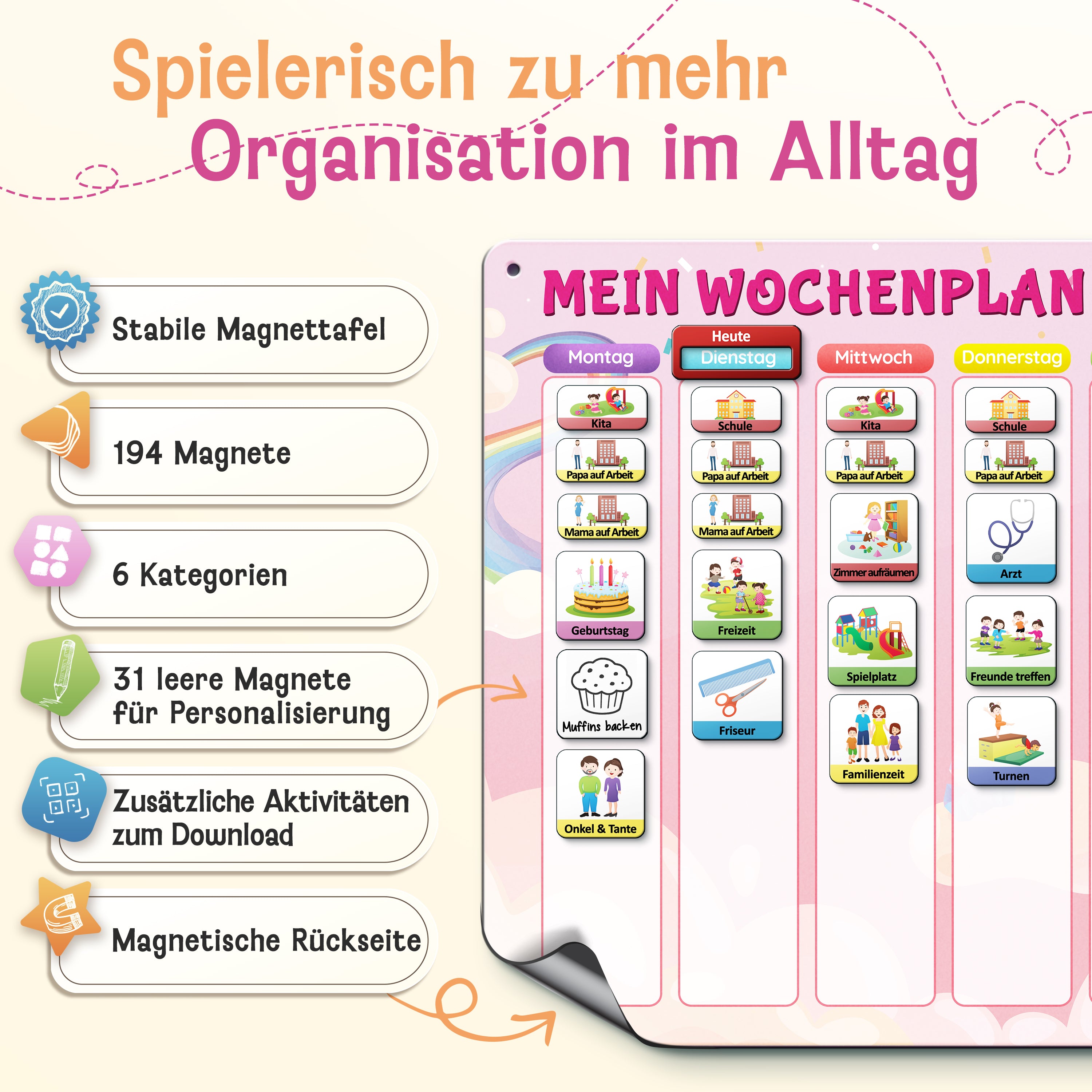 LIKARTO® Wochenplaner Kinder - Montessori Aufgabenplaner & Magnettafel pink