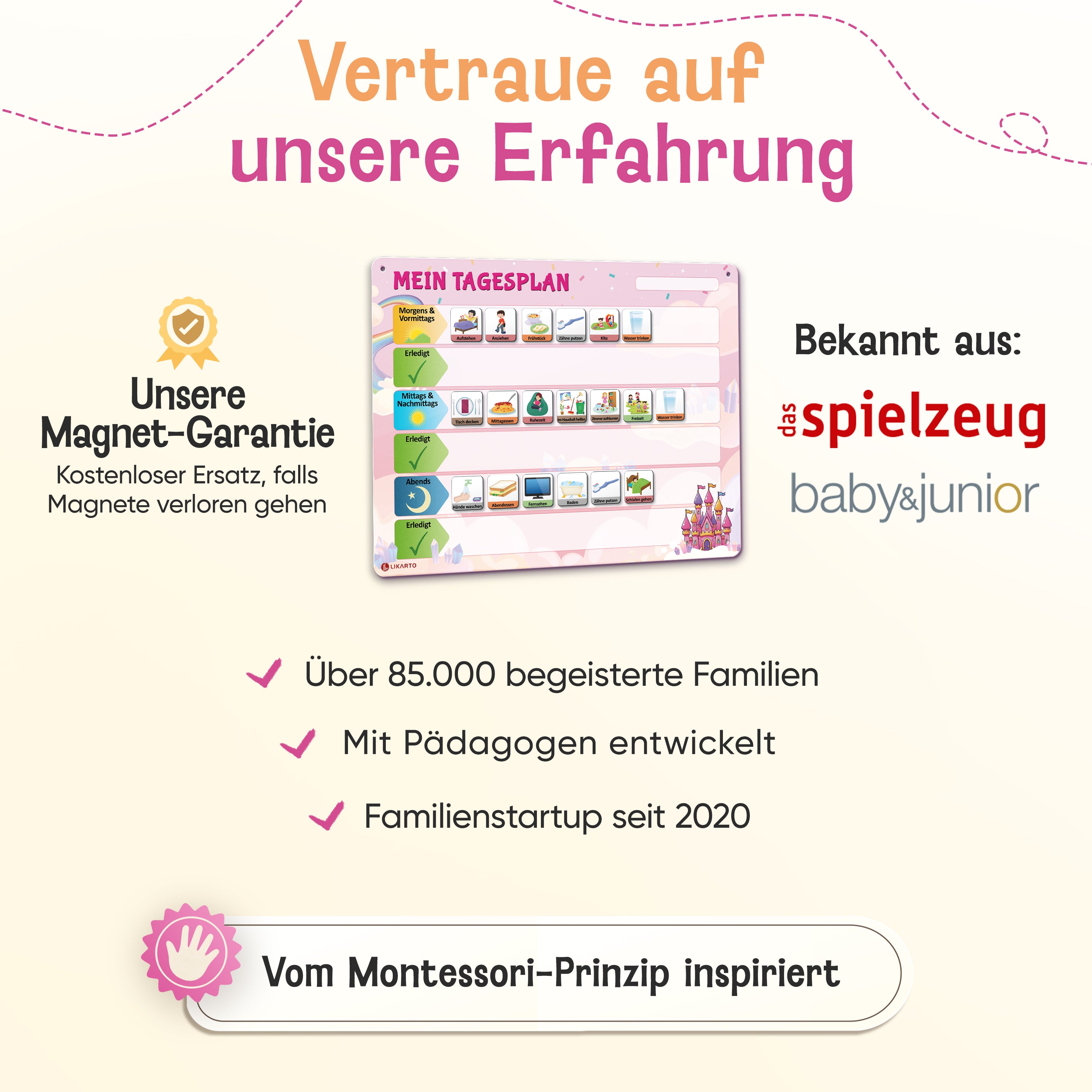LIKARTO® Tagesplaner - Montessori Aufgabenplaner & Magnettafel pink