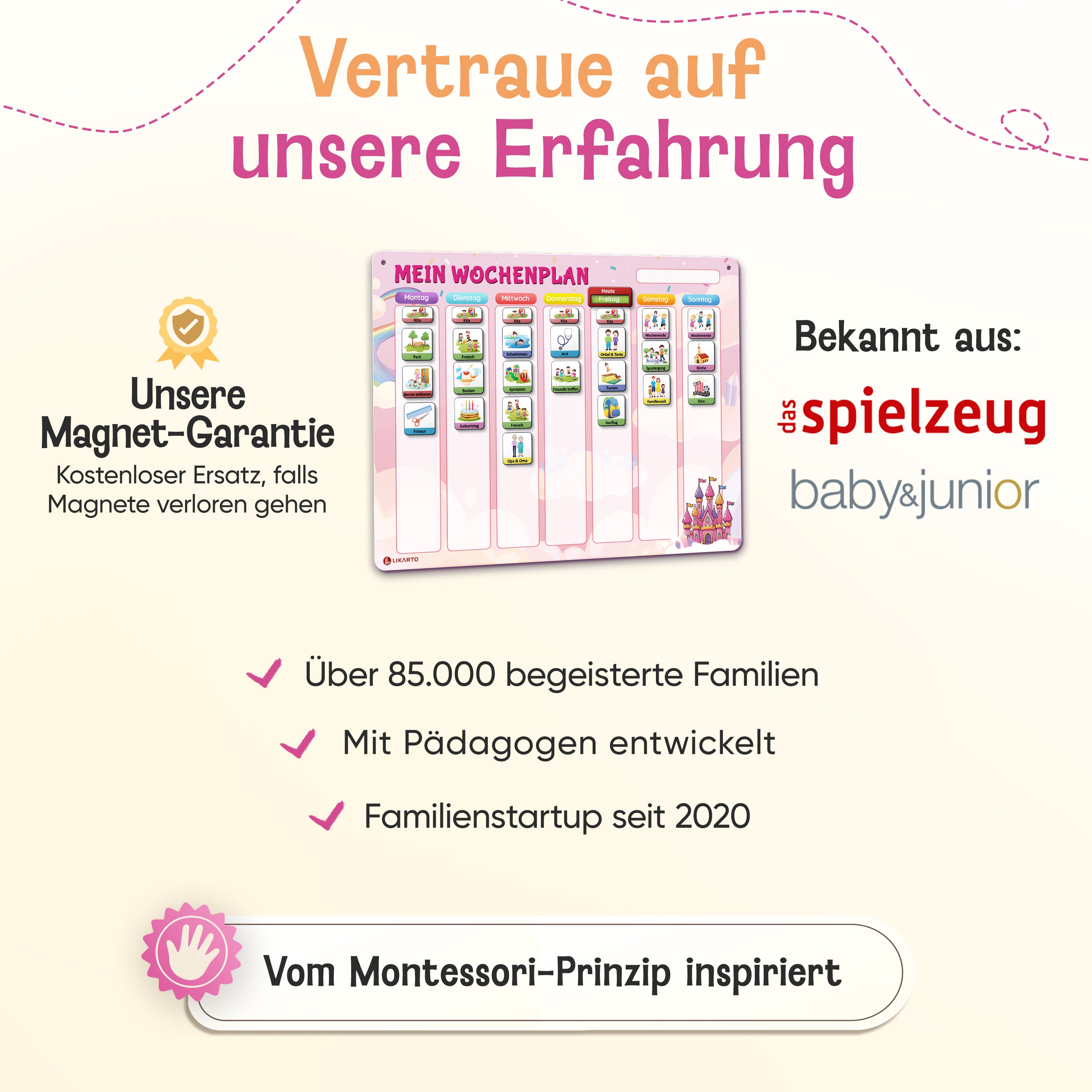 LIKARTO® Wochenplaner Kinder - Montessori Aufgabenplaner & Magnettafel pink