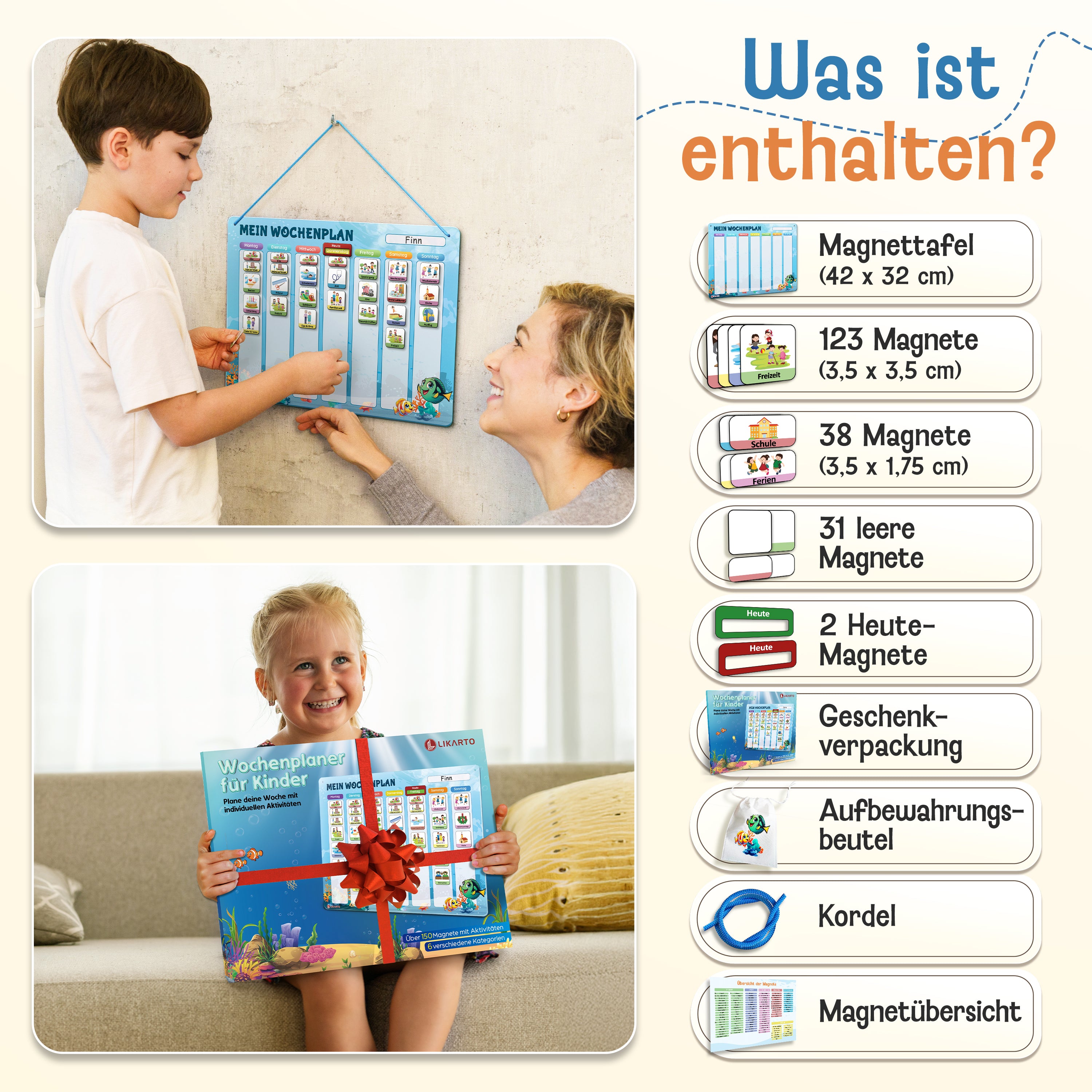 LIKARTO® Wochenplaner Kinder - Montessori Aufgabenplaner & Magnettafel blau