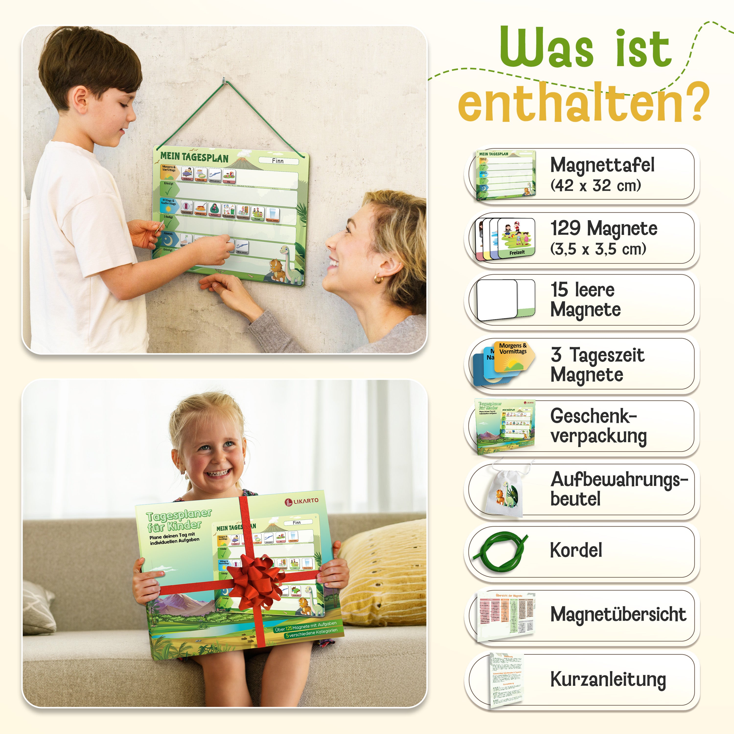 LIKARTO® Tagesplaner - Montessori Aufgabenplaner & Magnettafel hellgrün