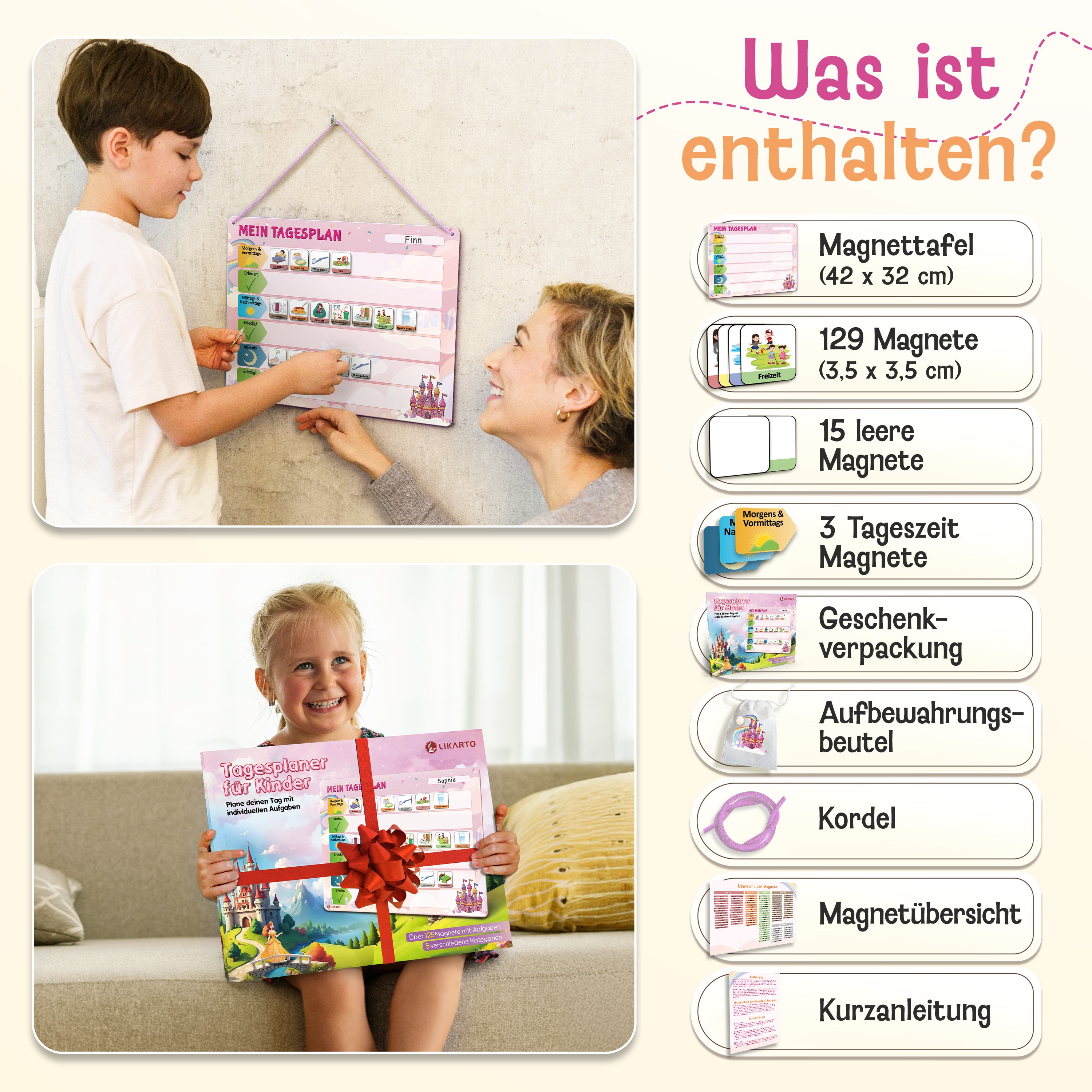 LIKARTO® Tagesplaner - Montessori Aufgabenplaner & Magnettafel pink