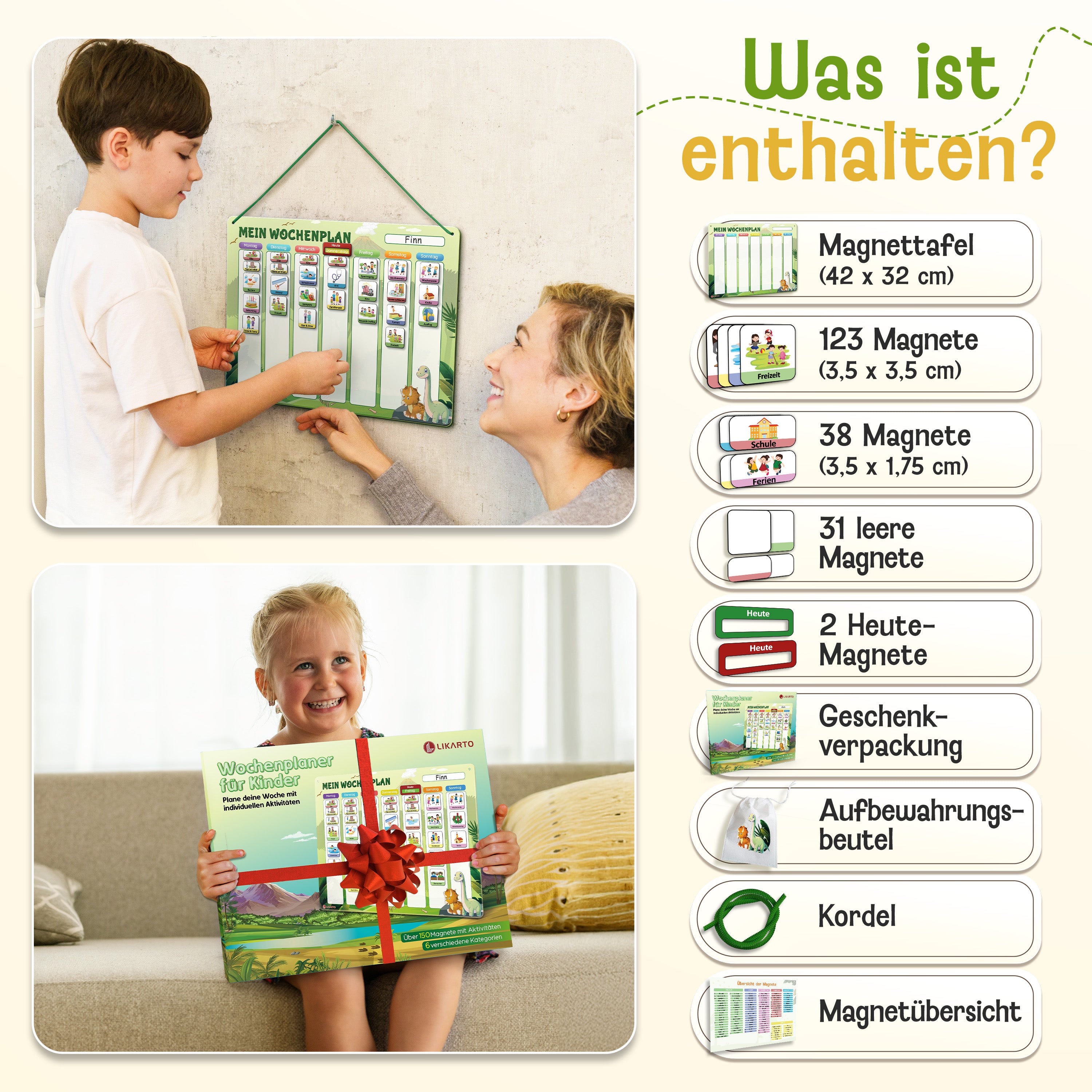LIKARTO® Wochenplaner Kinder - Montessori Aufgabenplaner & Magnettafel grün