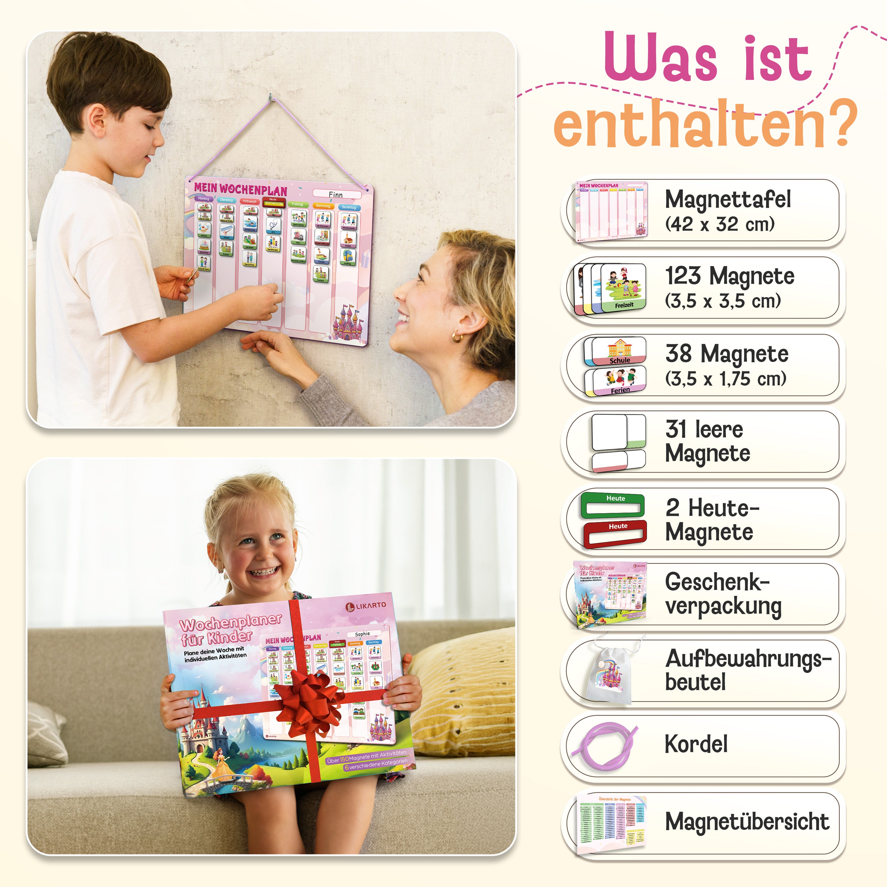 LIKARTO® Wochenplaner Kinder - Montessori Aufgabenplaner & Magnettafel pink
