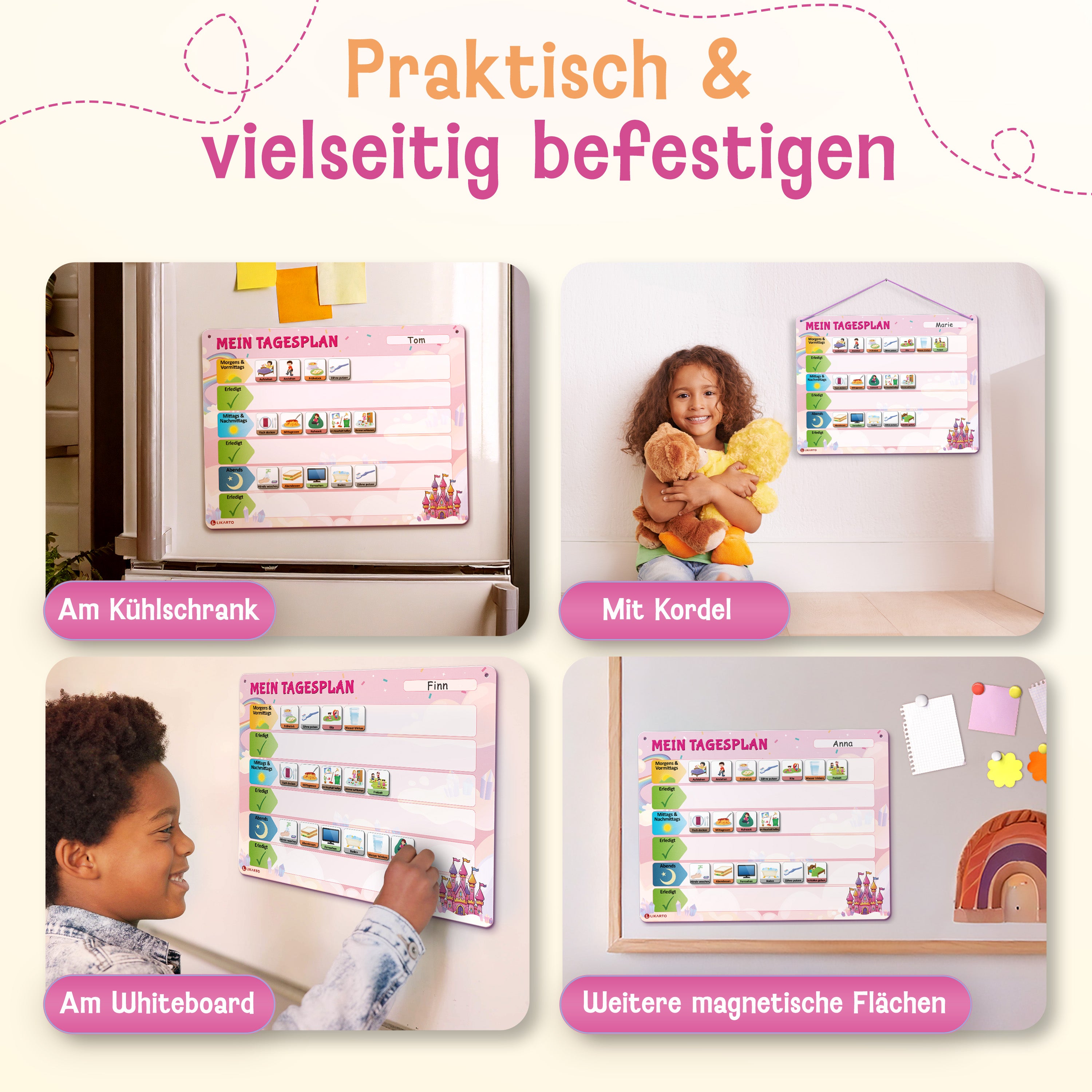 LIKARTO® Tagesplaner - Montessori Aufgabenplaner & Magnettafel pink