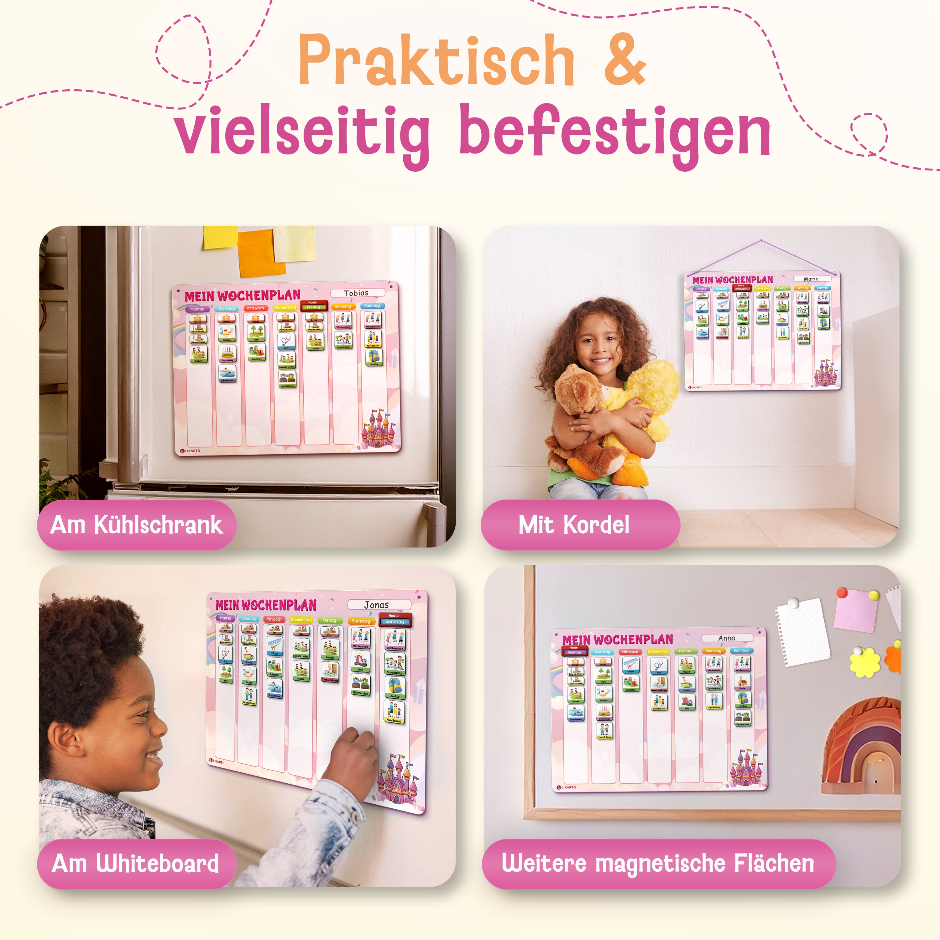 LIKARTO® Wochenplaner Kinder - Montessori Aufgabenplaner & Magnettafel pink