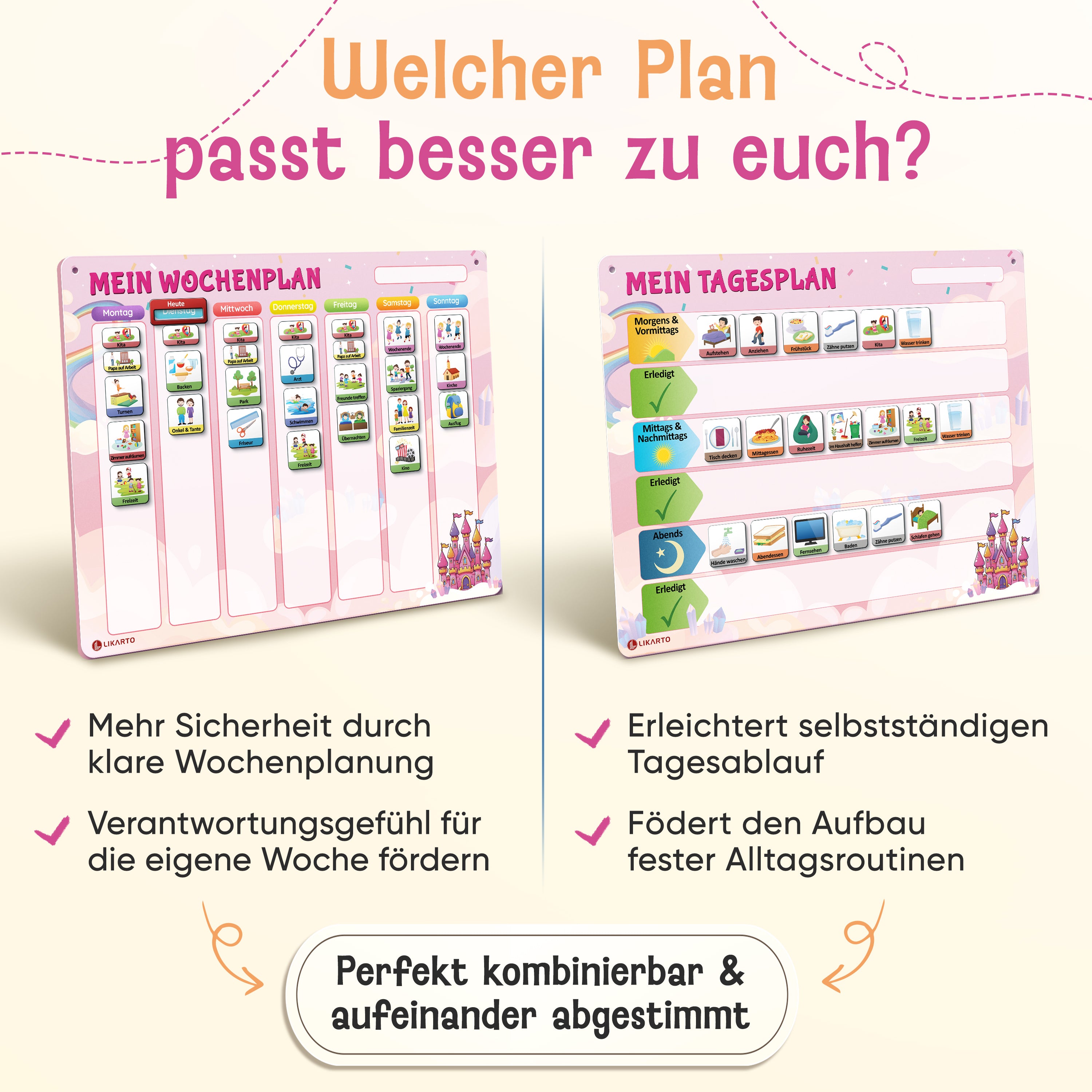 LIKARTO® Wochenplaner Kinder - Montessori Aufgabenplaner & Magnettafel pink