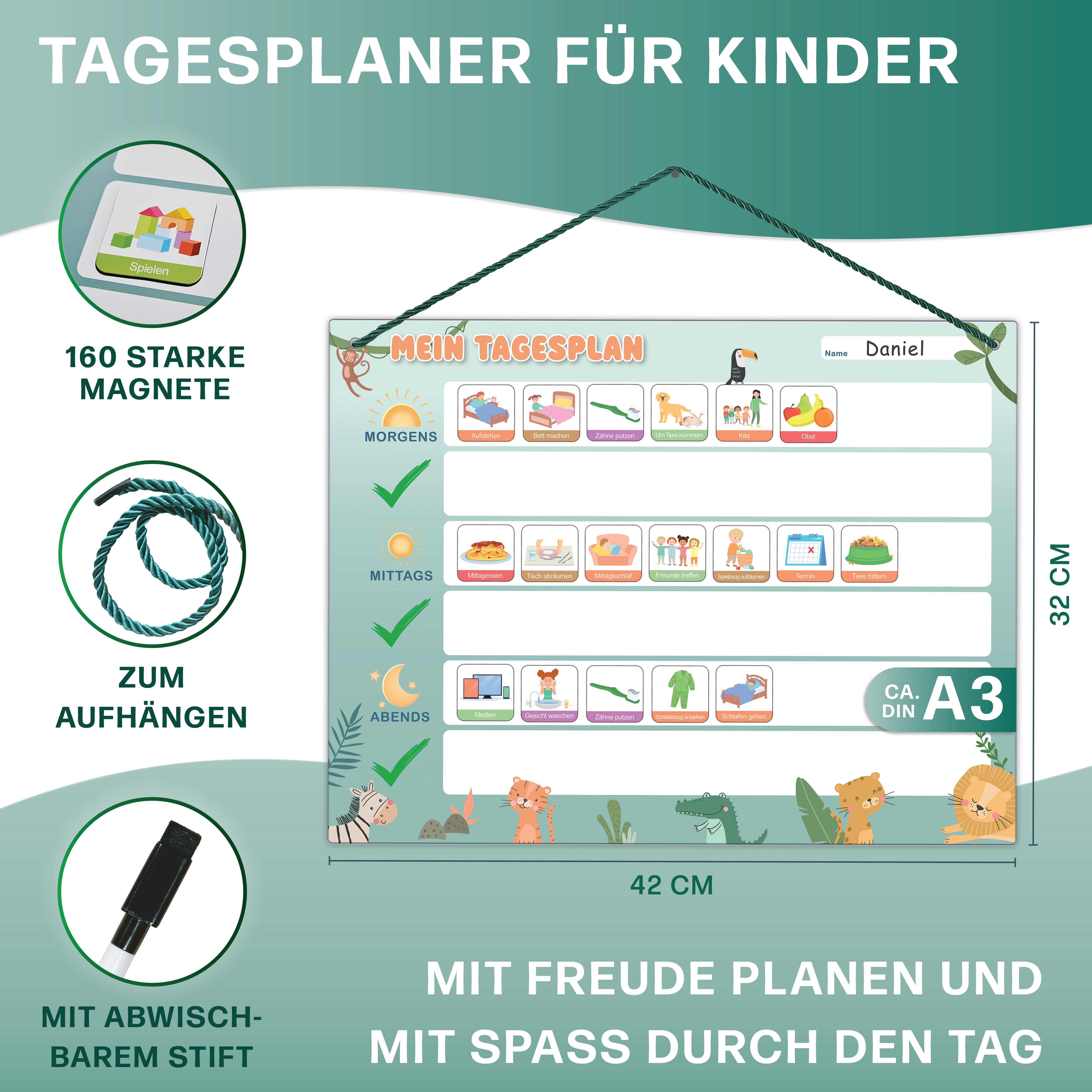Mini Mindz Tagesplaner - Montessori Aufgabenplaner & Magnettafel (grün)