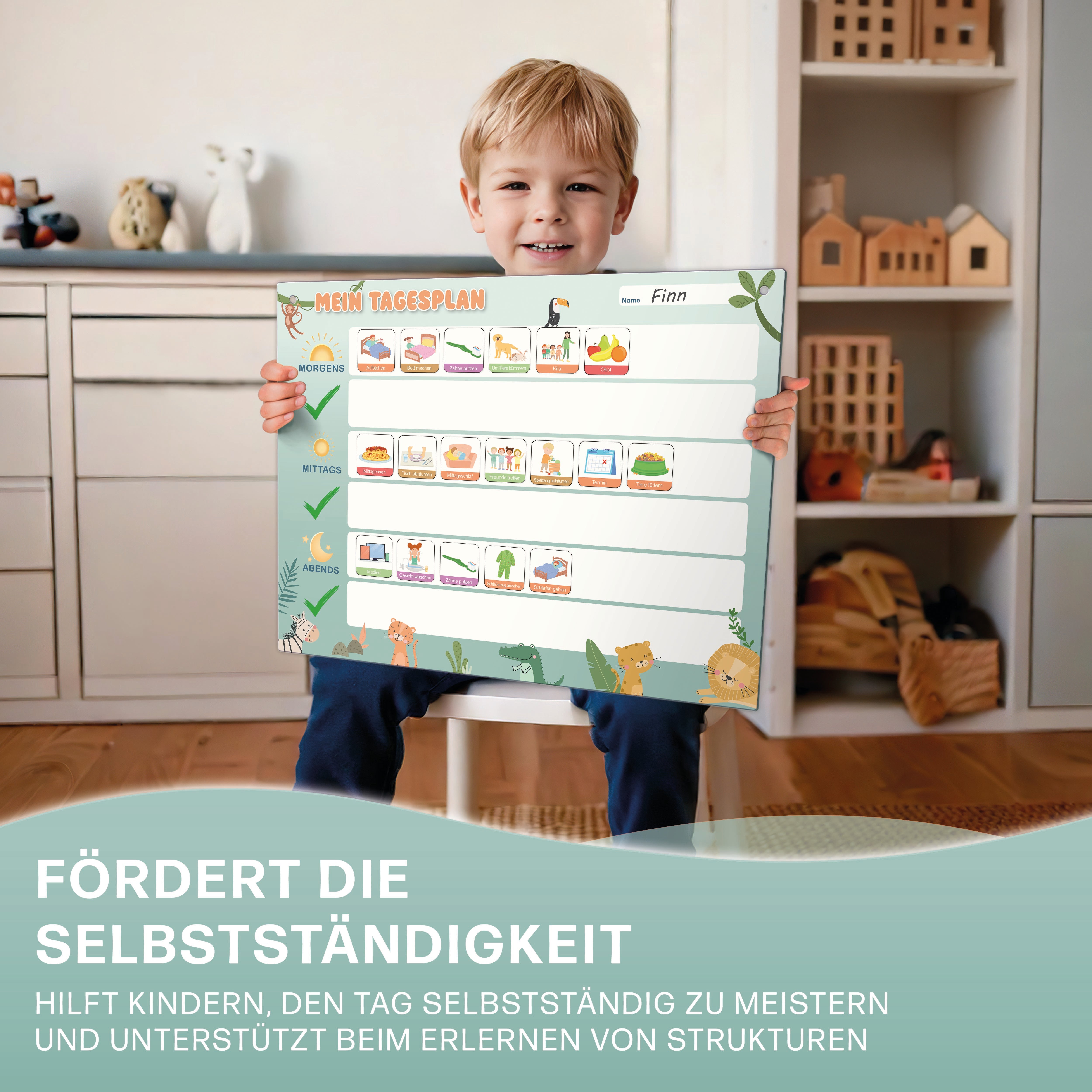 Mini Mindz Tagesplaner - Montessori Aufgabenplaner & Magnettafel (grün)