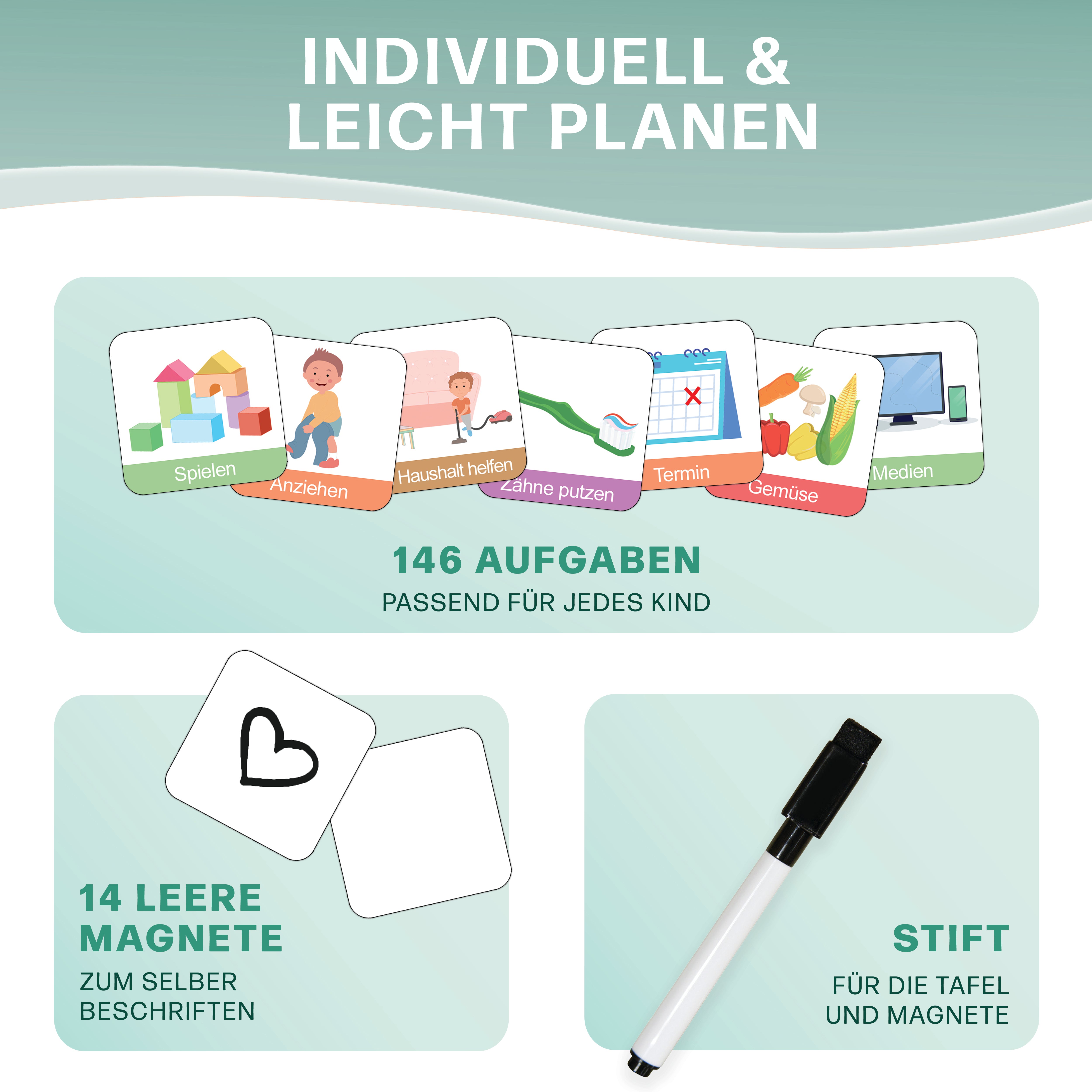 Mini Mindz Tagesplaner - Montessori Aufgabenplaner & Magnettafel (grün)