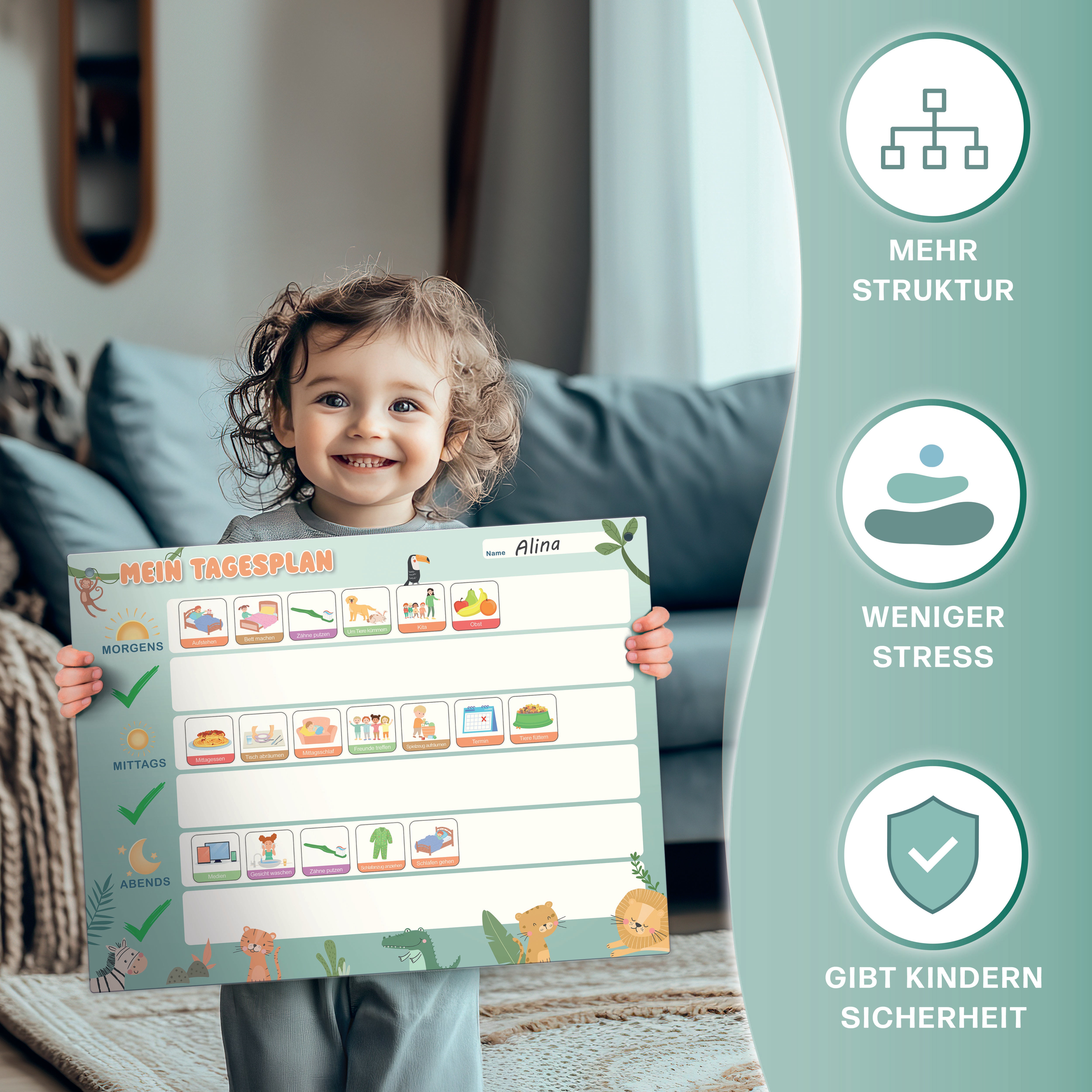 Mini Mindz Tagesplaner - Montessori Aufgabenplaner & Magnettafel (grün)