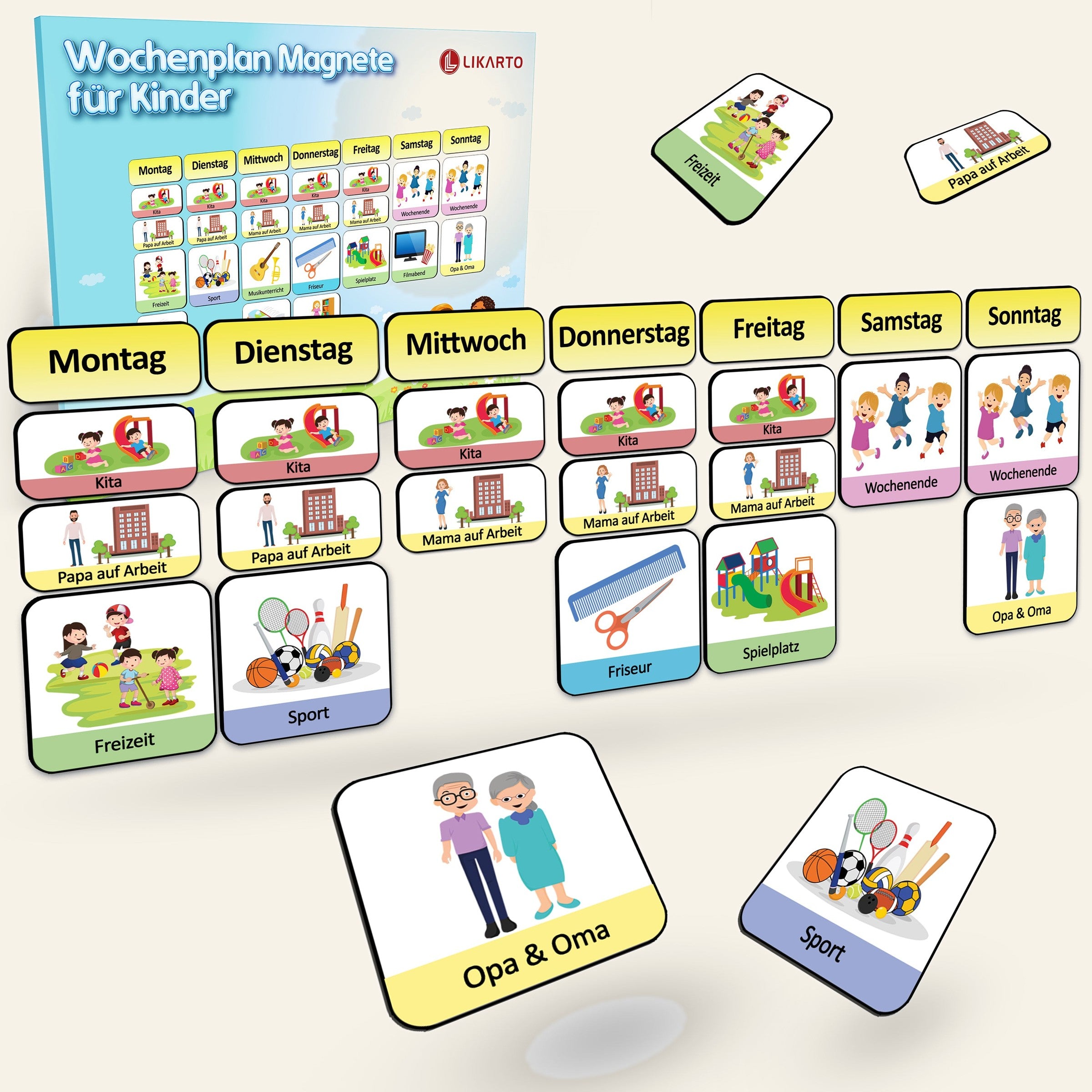 LIKARTO Magnet-Set Wochenplan auf warmem Creme-Hintergrund