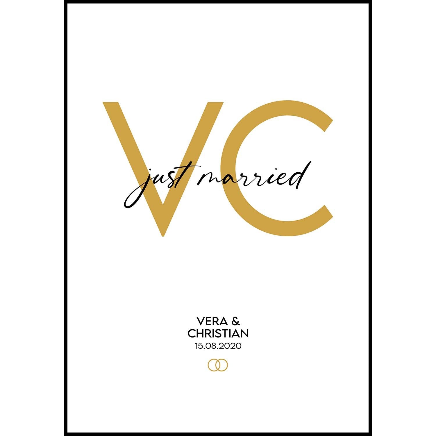 Hochzeitsposter just married mit Initialen
