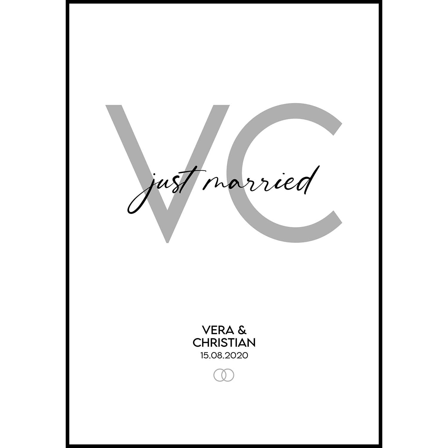 Hochzeitsposter just married mit Initialen